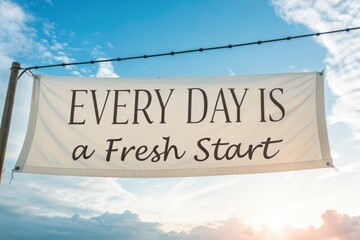 A banner with positive message over a sunny blue sky