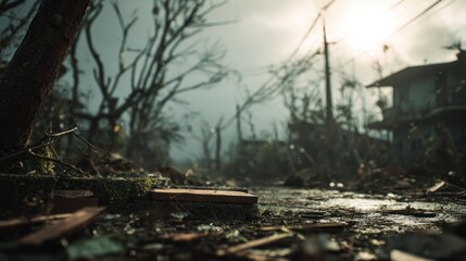 Devastation aftermath landscape showcasing a scene of destruction and recovery