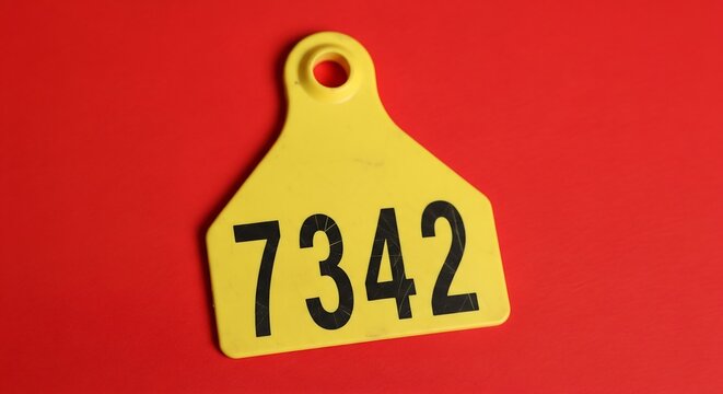 A yellow ear tag for cattle with the number 7342 in black is displayed against a red background.