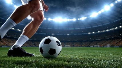 Dynamic Low-Angle Close-up of a Soccer Player's Foot and Ball on a Wet, Rainy Pitch During an Intense Night Match in a Brightly Illuminated Stadium - Powered by Adobe