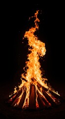 Intense bonfire flames dance and twist, forming a vibrant, fiery tongue reaching upwards into the dark night sky, radiating heat and light ,inferno ,movement ,warmth