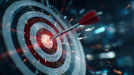 An abstract futuristic target with concentric rings, a glowing bullseye and a speeding arrow. motion
