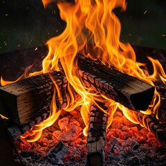 Intense close-up view of bright yellow and orange flames consuming logs and wood, creating heat and smoke in a fiery outdoor setting ,energy ,black ,wood