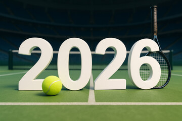 2026 with tennis racket and balls on hard court — sports background