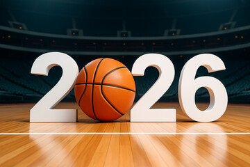 2026 with basketball, hoop court floor reflection — sports poster