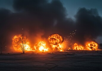 Intense conflict zone with fire and smoke, showcasing destruction and the chaos of active combat. Explosions illuminate the devastated landscape ,emergency ,power ,Conflict
