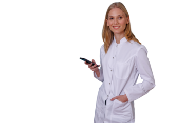 Female healthcare professional smiling, checking mobile phone, standing with hand in pocket, transparent background