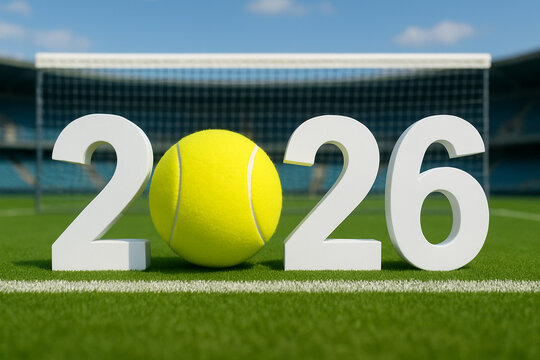 2026 with tennis ball on grass court — sports season background - Powered by Adobe