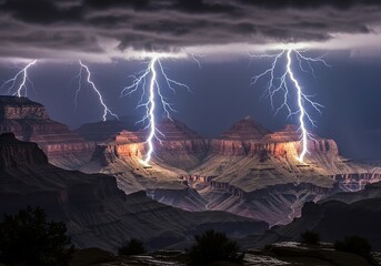 Intense lightning flashes illuminate the rugged erosion deep within a massive canyon during a sudden, powerful weather event. The air is thick with rain ,formation ,thunderstorm ,sediment