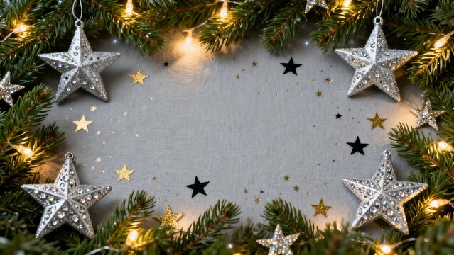 A festive Christmas scene featuring silver star ornaments and twinkling lights on a bed of green pine branches, set against a textured gray background with scattered golden and black stars.