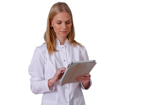 Female doctor or medical professional using a digital tablet for healthcare data on a transparent background
