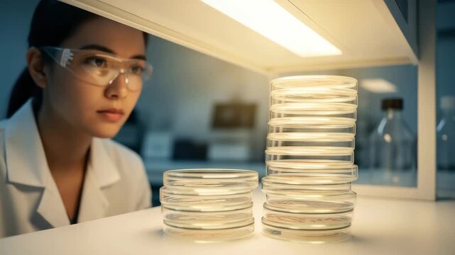 A scientist studies petri dishes in a lab, focusing on ongoing experiments and research methods