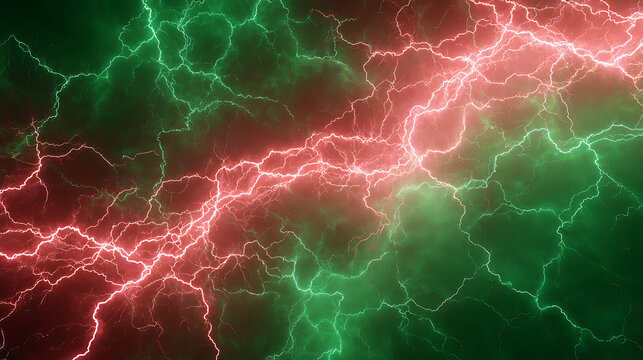 Neon green and red lightning streaks split across a dark canvas with jagged, electric energy. Vivid!