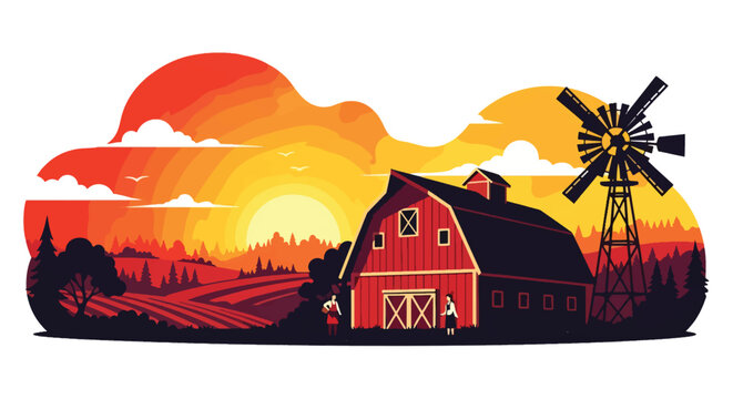 Flat vector illustration of sunset over countryside barn with orange sky and windmill. Solid warm tones, minimal landscape composition, no gradients, nostalgic rural theme