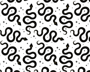 Mystical pattern. Boho Snakes and stars. Isolated white background. Vector illustration