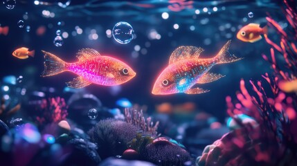 Two fish are swimming in a tank with other fish