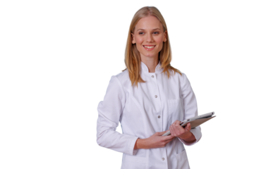 Female doctor smiling while holding a digital tablet. Healthcare professional standing, ready to assist. Transparent background