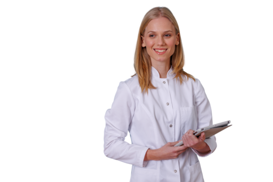 Female doctor smiling while holding a digital tablet. Healthcare professional standing, ready to assist. Transparent background - Powered by Adobe