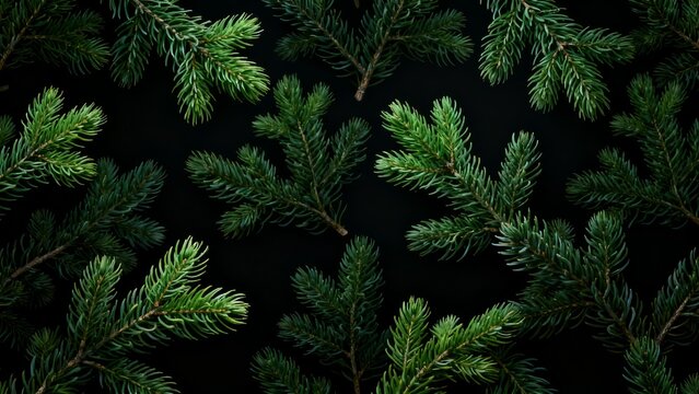 Close-up of vibrant green fir branches against a dark background, showcasing natural texture and festive holiday elements.