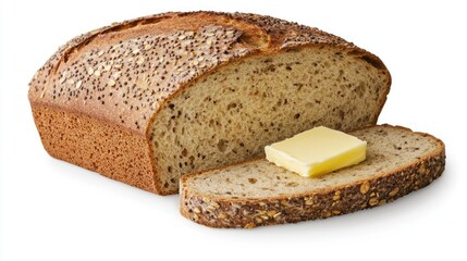 Rustic whole grain bread loaf and slice with a pat of butter isolated on white