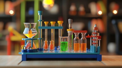 Colorful Science Experiment Kit with Various Lab Glassware and Vibrant Liquids on Table