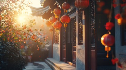 Traditional East Asian Architecture with Red Lanterns and Flowering Trees in Warm Golden Sunlight