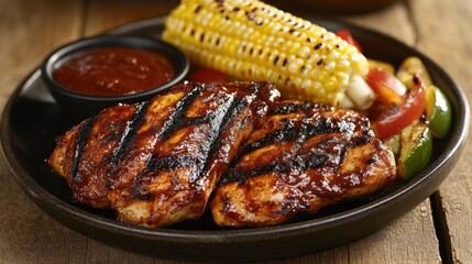 Grilled BBQ Chicken Breast with Corn on the Cob and Roasted Vegetables on a Dark Plate