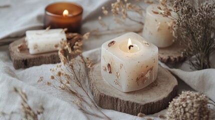 Lit hexagonal scented botanical candle on wooden slice with dried flowers and neutral fabric for cozy home decor and wellness.
