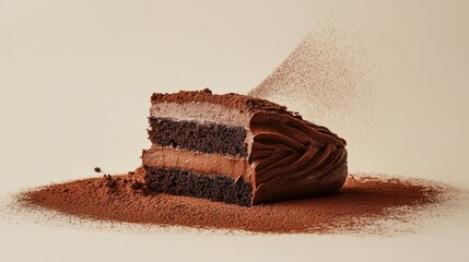 Close-up of a rich chocolate layer cake slice dusted with cocoa powder on a light background.