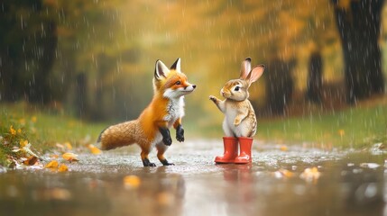 Adorable Fox and Bunny in Red Boots on a Rainy Autumn Forest Path
