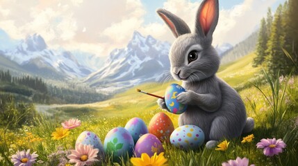Cute grey rabbit painting a colorful Easter egg with a brush in a spring meadow full of flowers and mountains.