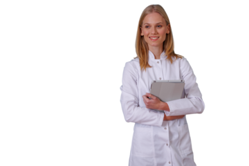 Female doctor holding digital tablet smiling, providing medical care and health consultation, transparent background