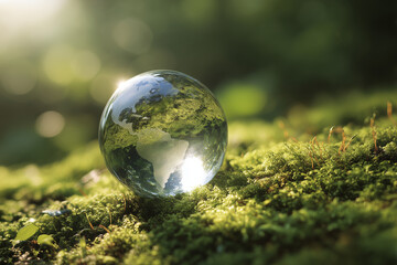 A glass globe resting on lush green moss under warm sunlight, symbolizing sustainability, eco awareness, and global balance. Perfect for projects on climate change, nature preservation, green energy