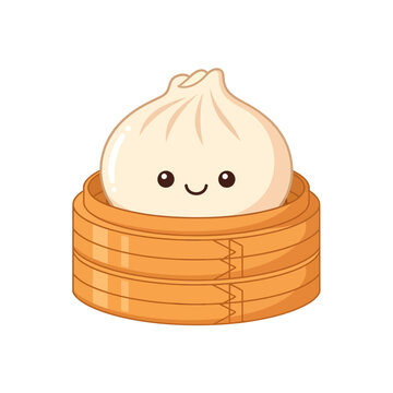 An adorable kawaii steamed dumpling character with a sweet, smiling face peeks happily from inside a traditional bamboo steamer basket
