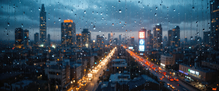 Rainy evening cityscape urban skyline photography wet environment aerial view atmospheric mood