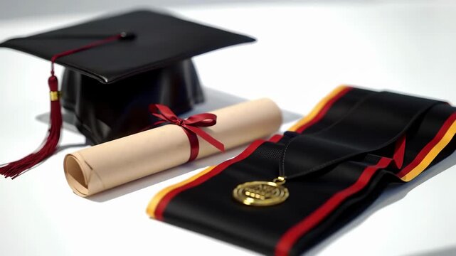 A graduation cap with a diploma and medal on a white background, showcasing a celebratory academic achievement in a formal still life setting. The red accents stand out.
