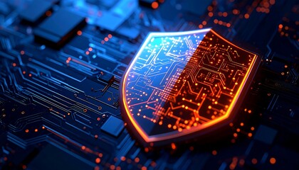 Abstract digital shield with illuminated circuit lines symbolizing security and integrity
