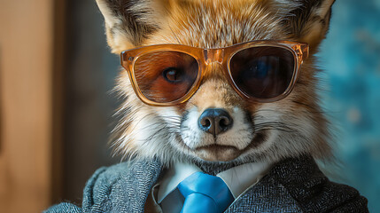 Dapper fox in sunglasses and a suit poses in a bright, fashion-forward portrait. Bold vibe. Sleek.!