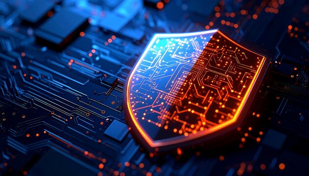 Abstract digital shield with illuminated circuit lines symbolizing security and integrity