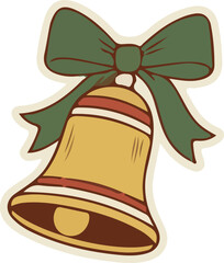 Golden Bell With Green Ribbon - Vector Christmas Art