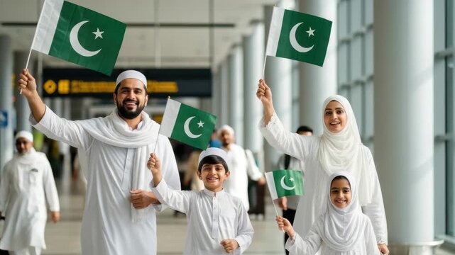 A joyful family waves Pakistani flags at the airport, celebrating together and sharing smiles