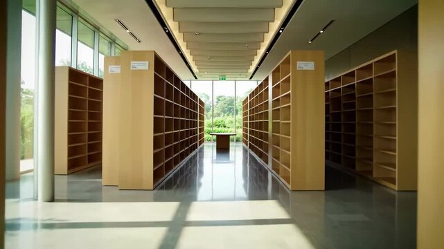 An airy library featuring empty wooden bookshelves and a polished concrete floor, filled with bright sunlight streaming through a large window overlooking lush greenery.