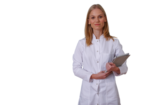 Confident female doctor or medical professional wearing a lab coat and holding a digital tablet, transparent background