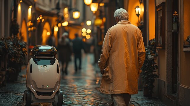 An elderly person strolls down a cobblestone street, followed by a robotic assistant, in a city