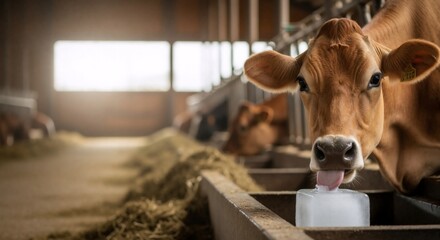 A brown jersey cow licking a block of ice in a dairy farm barn. Animal cooling down in the heat. Livestock care and hydration concept