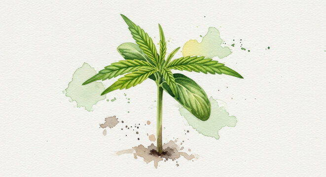 Watercolor study of young cannabis plant on textured paper, botanical illustration for educational purposes and product design