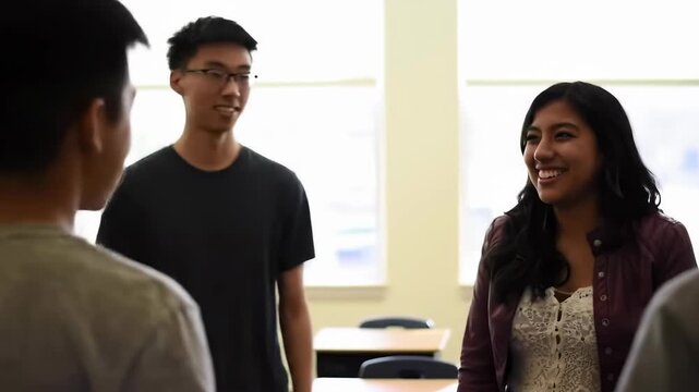 A group of diverse young adults engaging in a candid discussion in a brightly lit classroom with natural light. Students wearing casual clothing stand around tables, smiling.