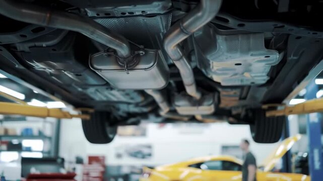 Close up car undercarriage view of an exhaust system in a repair shop. Steel and gray hues, the car is on a hydraulic lift. Yellow vehicle is blurred in background.