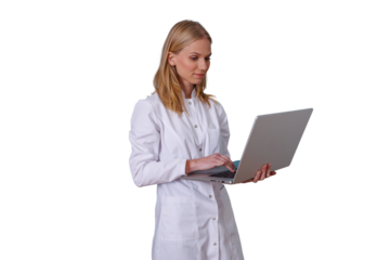 Female doctor or scientist working on laptop, researching medical data, showing healthcare technology on transparent background
