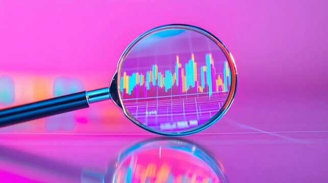 magnifying glass exploring data trends on a vibrant background with colorful graphs representing closely examining future trends or predictions